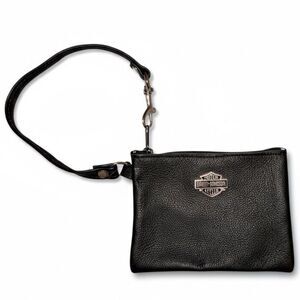 HARLEY DAVIDSON Black Leather Small Wristlet Pouch Key Fob Wallet EUC